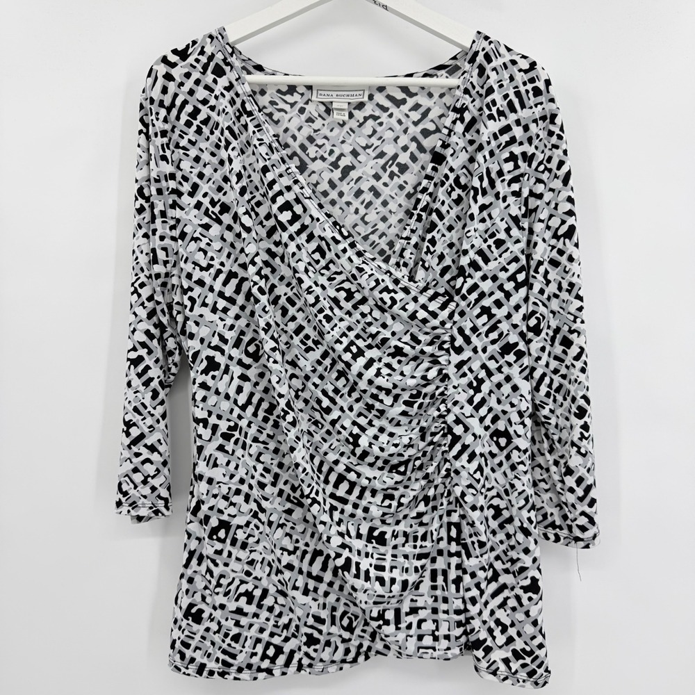 Dana Buchman Surplice Top Women XL Black White Geometric Ruched 3/4 Sleeve